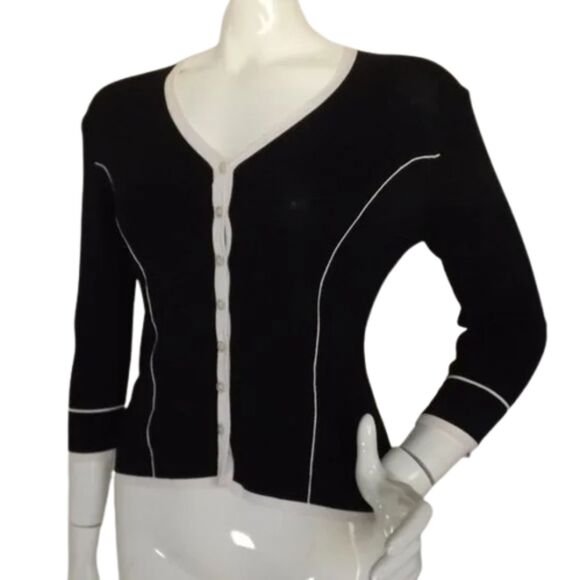 PAPELL STUDIO Sweater, M, Black/White trim, Cardigan/Buttons, 3/4 sleeves - Picture 4 of 11